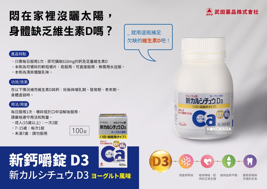 245. 武田 新碳酸鈣D3 濃縮孕婦鈣片 優格口味 100錠